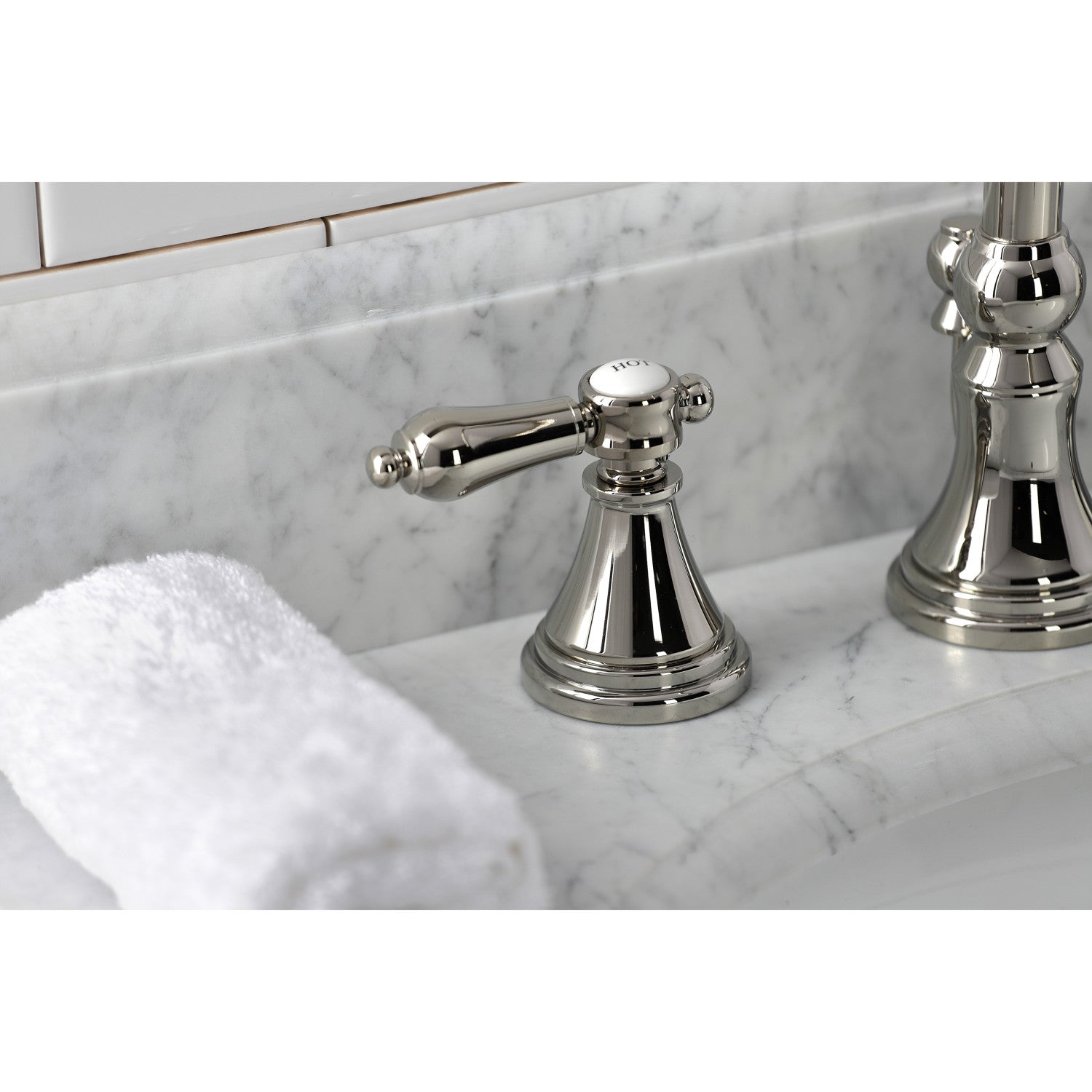 Kingston Tulare KS2986BAL - Heirloom Two-Handle 3-Hole Deck Mount Widespread Bathroom Faucet with Brass Pop-Up, Polished Nickel — thumbnail 2